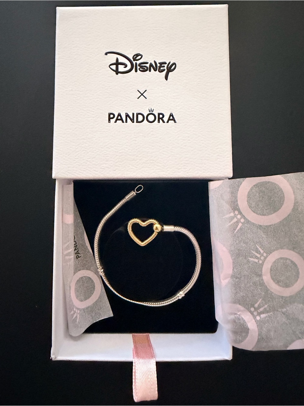 Pandora Two-Tone Silver Snake Chain Bracelet with Gold Heart Clasp
